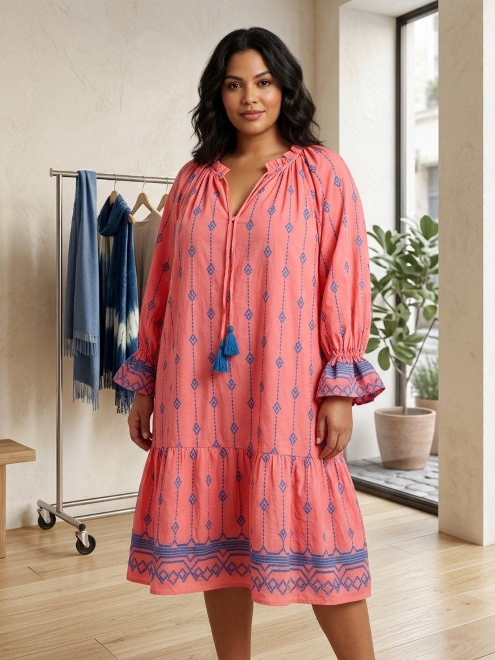Umgee 100% Cotton Coral Dress with Blue Geometric Print and Tassel